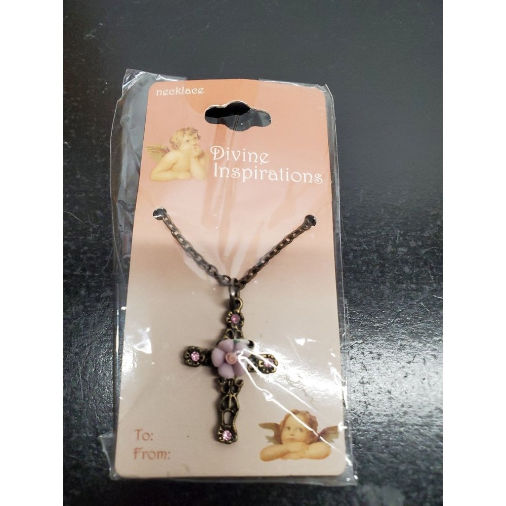 Divine Inspiration Necklace - New in Package - Pink Flowers on Cross with Pink S